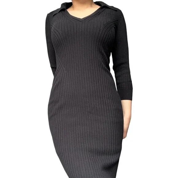 DYNAMITE BLACK RIBBED MAXI DRESS WITH V-NECK, COLLAR & SIDE SLIT | SIZE SMALL - Picture 1 of 15